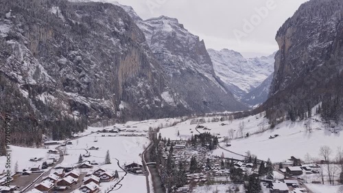 Winter Drone Shot of Lauterbrunnen and Surrounding Alps

