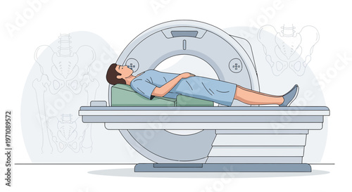 Patient undergoing CT scan for medical diagnosis, lying on scanner bed, medical technology