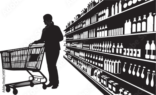 Man shopping with cart in a grocery store aisle