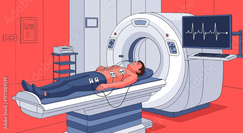 Patient undergoing CT scan in a modern medical facility, heart monitor displays vital signs.