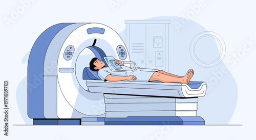 Patient undergoing CT scan in modern medical diagnostic imaging machine