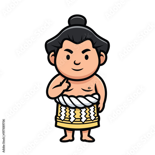 Cute Cartoon Sumo Wrestler Illustration Standing and Pointing with Friendly Expression