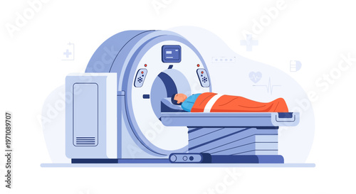 Patient undergoing CT scan in modern medical diagnostic imaging machine, healthcare concept