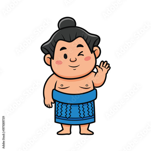 Cute Cartoon Sumo Wrestler Character Waving and Winking Vector Illustration on White