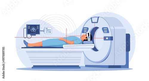 Patient undergoing CT scan in modern medical imaging machine, diagnostic procedure