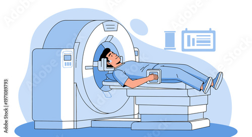 Patient undergoing CT scan in modern medical imaging machine, diagnostic procedure