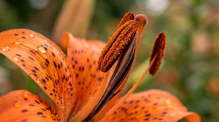 Macro tiger lily flower close up with pollen stamen detail dew drops botanical nature photography