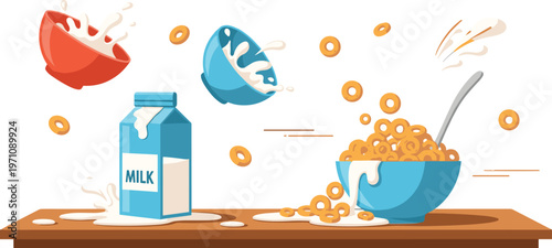 Cereal Breakfast Splash Scene with Milk Pouring, Bowl and Flying Rings Showing Dynamic Food Motion for Morning Meal Illustration Design