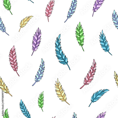 Vector seamless pattern with feathers. Falling feather elements soft vector design. Boho style.  