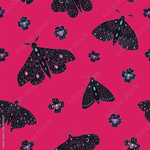 Seamless vector pattern with butterfly and pansies. Decoration print for wrapping, wallpaper, fabric, textile. 
