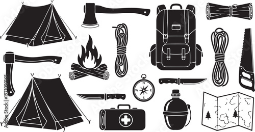 Camping and hiking equipment illustration set for outdoor adventure
