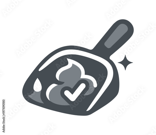 Poop scoop icon. litter scoop, waste removal, shovel with checkmark, clean pet hygiene, approved scoop tool. flat vector illustration isolated on white background.