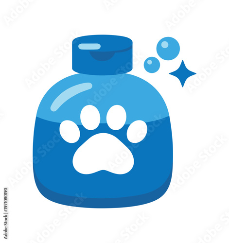 Pet shampoo bottle icon. paw print, pet grooming, shampoo, soap, bath, fur care, clean, hygiene. flat vector illustration isolated on white background.