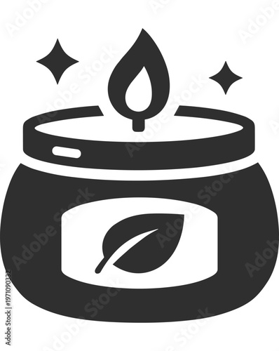 Scented candle icon. candle jar, wax, flame, aroma, perfume, leaf label, spa and relaxation. home fragrance, aromatherapy, gift, cozy atmosphere. flat vector illustration isolated on white background.