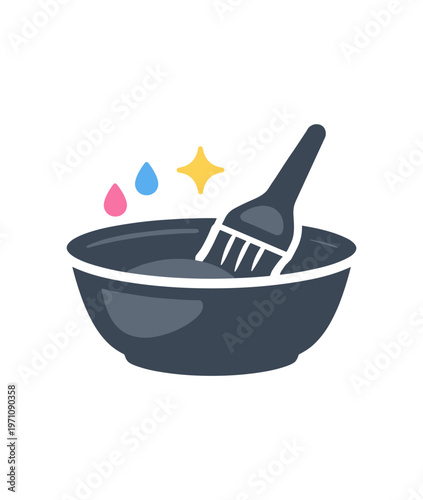 Hair color icon. dye, coloring bowl, applicator brush, tint, salon treatment, mixing, pigments, drops. beauty and cosmetic. hair dye, salon service, color change. 