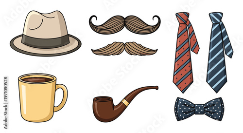 Collection of classic stylish men's accessories including a fedora hat, mustaches, striped neckties, coffee mug, and a pipe.