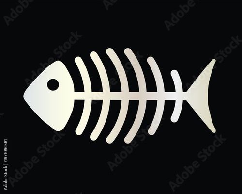 Minimalist white fish bone skeleton silhouette isolated on a solid black background.