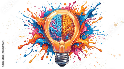Creative light bulb with a human brain inside exploding with colorful paint splashes representing innovation artistic thinking brainstorming and powerful mental imagination