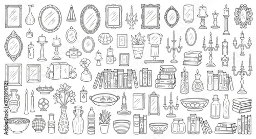 Collection of various antique decorative objects and frames.