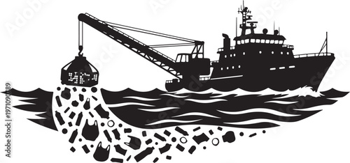 Fishing boat with net in ocean waters silhouette illustration