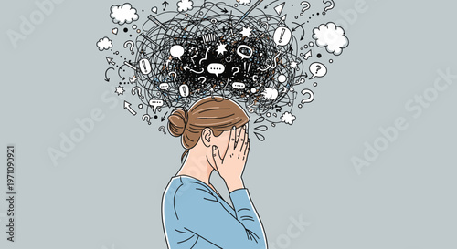 A stressed woman covers her face overwhelmed by chaotic thoughts and emotions.