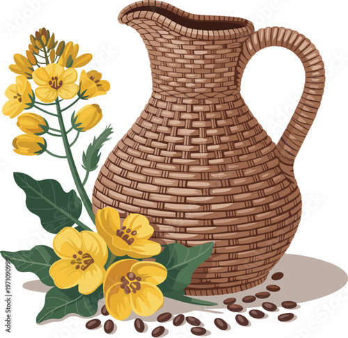Canola Oil Pitcher with Flowers and Seeds Illustration, Stock Media