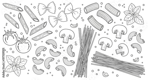 A collection of various pasta shapes and ingredients for a meal are arranged on a table with herbs and spices.