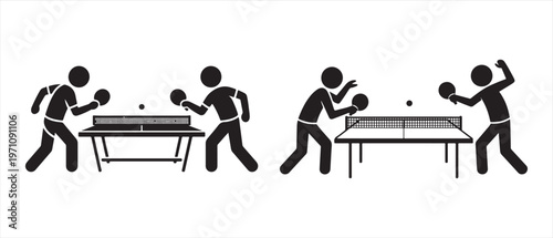 Table tennis game illustration with stick figures playing ping pong on a white background.