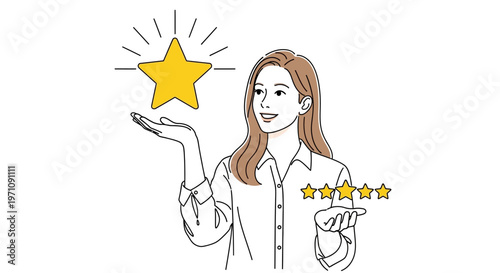 A woman presents a star rating with her hand in a business setting