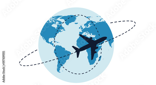 An airplane flies around a globe with a dotted line showing travel routes.