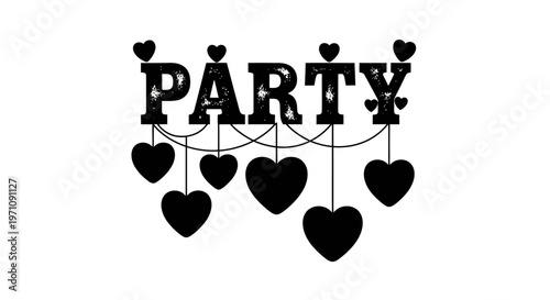 Black party decoration with hearts hanging on strings indoors