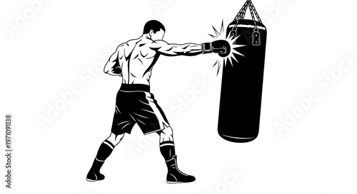 A boxer punches a hanging punching bag with intense focus in a dark monochrome gym environment.