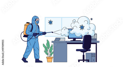 Professional worker in a protective blue suit spraying disinfectant to sanitize a modern office workspace during a public health crisis.