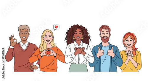 Diverse group of people making heart shapes with their hands in a line
