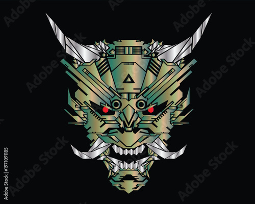 Futuristic robotic mecha samurai mask design with metallic textures, horns, and glowing red eyes for gaming and tech branding.
