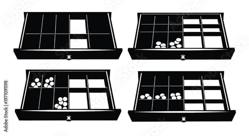 A black and white illustration of four game boards with different game pieces