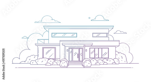Elegant two-story modern residential house with flat roofs and large windows shown in a clean purple and blue line art style with clouds.