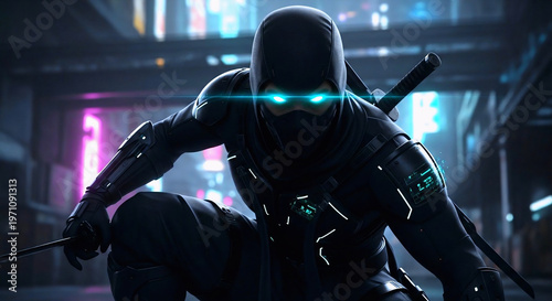A stealthy ninja figure with intense glowing blue eyes is poised and ready for action in a crouching stance amidst a dark, futuristic cyberpunk city.
