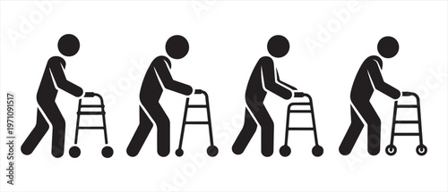 Progression of Senior Mobility. Stick Figures Walking with Walker.