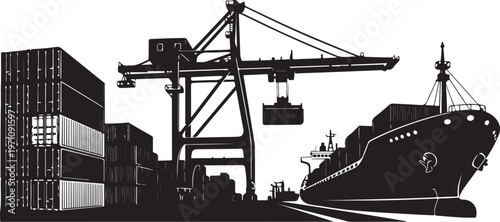 Black and white illustration of cargo ship and containers