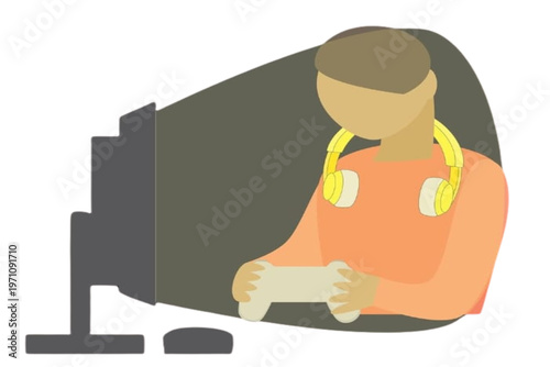 Immersed in Gaming: A young individual is fully engrossed in a digital game, clutching a game controller, headphones hanging, while illuminated by the monitor's glow.