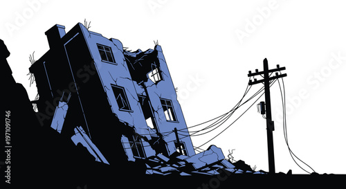 Silhouette of a ruined city building leaning after an earthquake with fallen debris and broken power lines shown in cold blue tones.