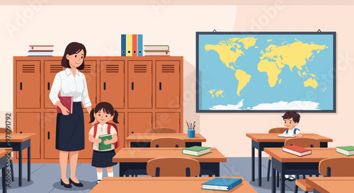 Friendly female teacher welcoming a young student to a modern classroom with wooden desks, a large world map, and storage lockers.