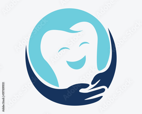 Friendly smiling tooth character icon held by caring hands in a blue circle for dental clinic and healthcare services.