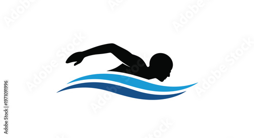 Black silhouette of a male swimmer performing a freestyle stroke over blue water waves against a plain white background for sports.