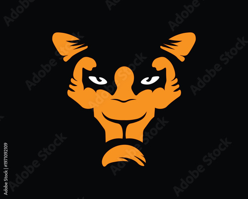 Creative orange panther head logo design combined with muscular flexing arms for fitness and gym branding.