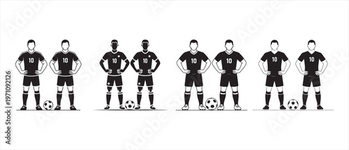 Картината върху платно Male Soccer Players Standing with Footballs in Minimalist Vector Illustration on White Background