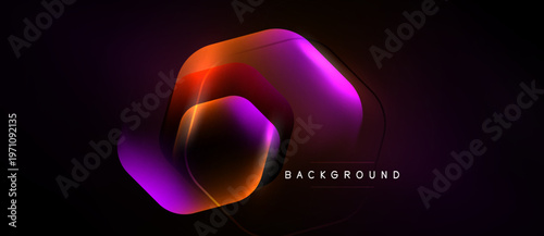 Abstract geometric shapes overlap. Vibrant purple, orange hues dominate dark background. Modern design, dynamic composition.