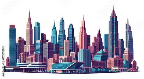 Detailed flat illustration of a dense urban skyline with numerous colorful skyscrapers and modern buildings on a clean white background.