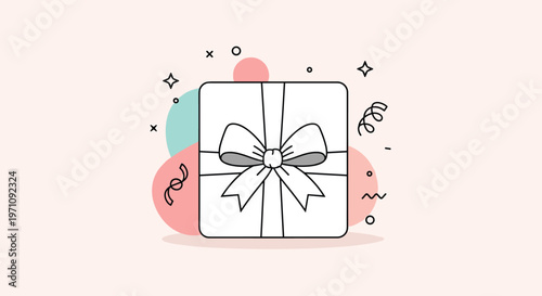 Clean line drawing of a square gift box with a large ribbon bow surrounded by celebratory confetti and soft geometric colored shapes.
